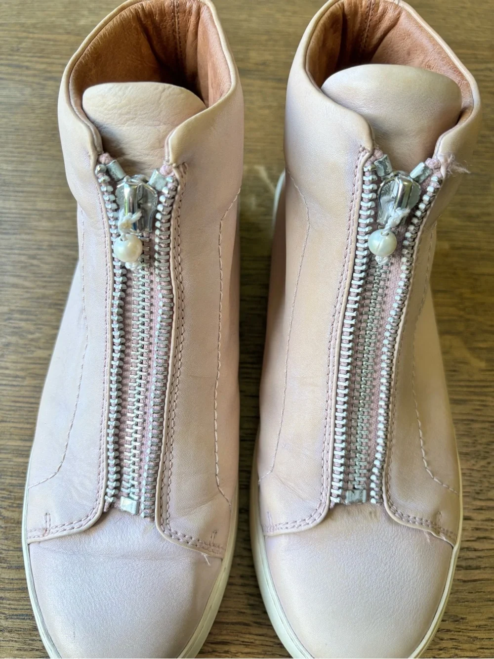 Frye Lena Zip High Top Sneakers Blush Pink Leather Pearl‎ Zip Women 8.5